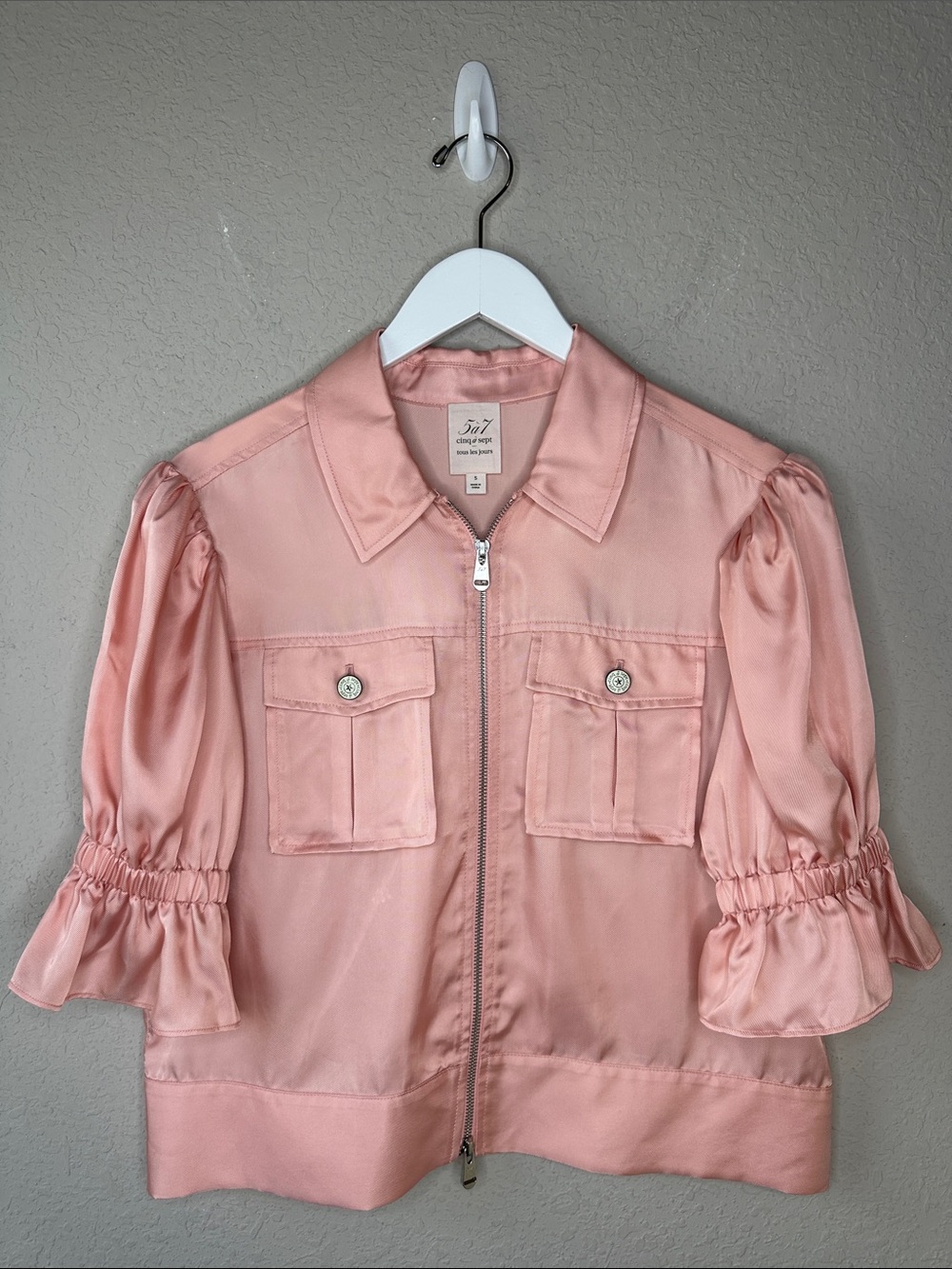 Cinq à Sept Holly Ruffle Sleeve Jacket Pink Cupro Sateen Utility Zip Up Small